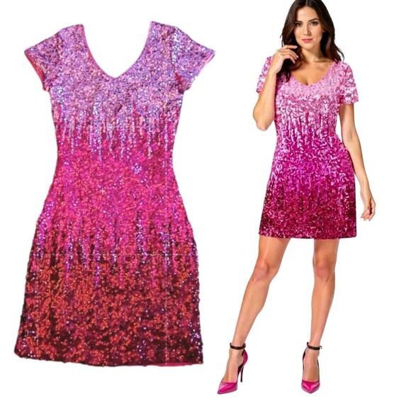 Maner Glitter Party Dress Women's Size XS Pink Sequin Stretch Bodycon Sexy - Picture 1 of 16